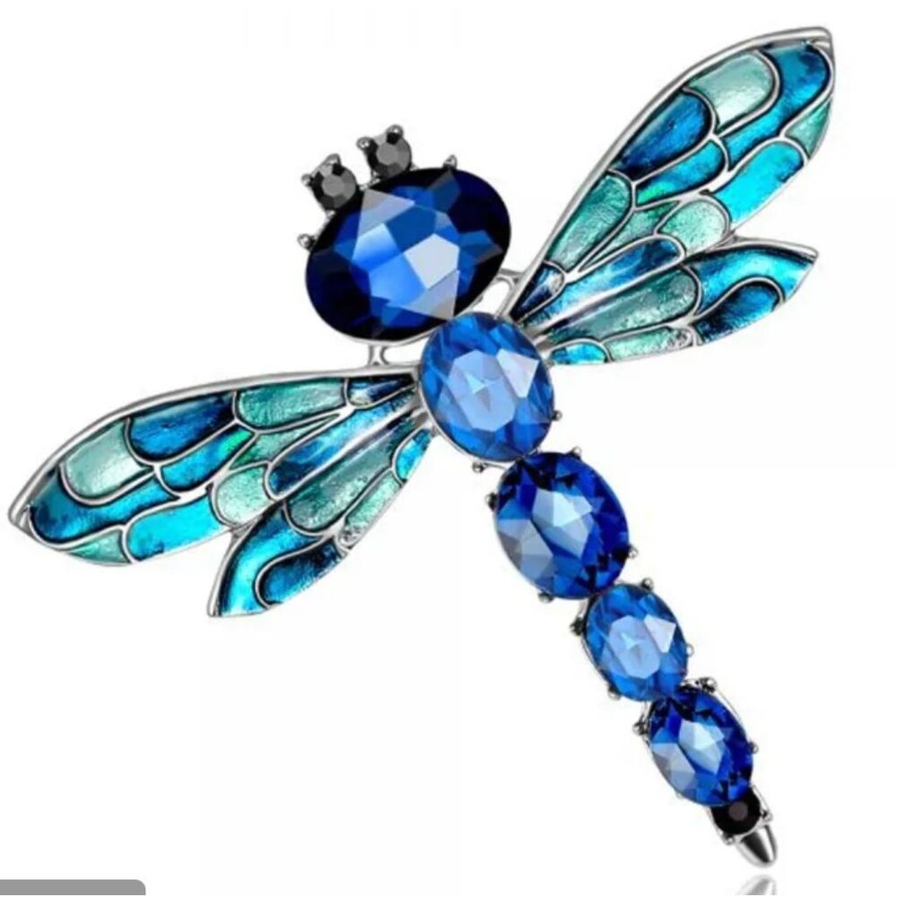 Blue & Green Crystal Dragonfly Brooch Pin Enamel Wings